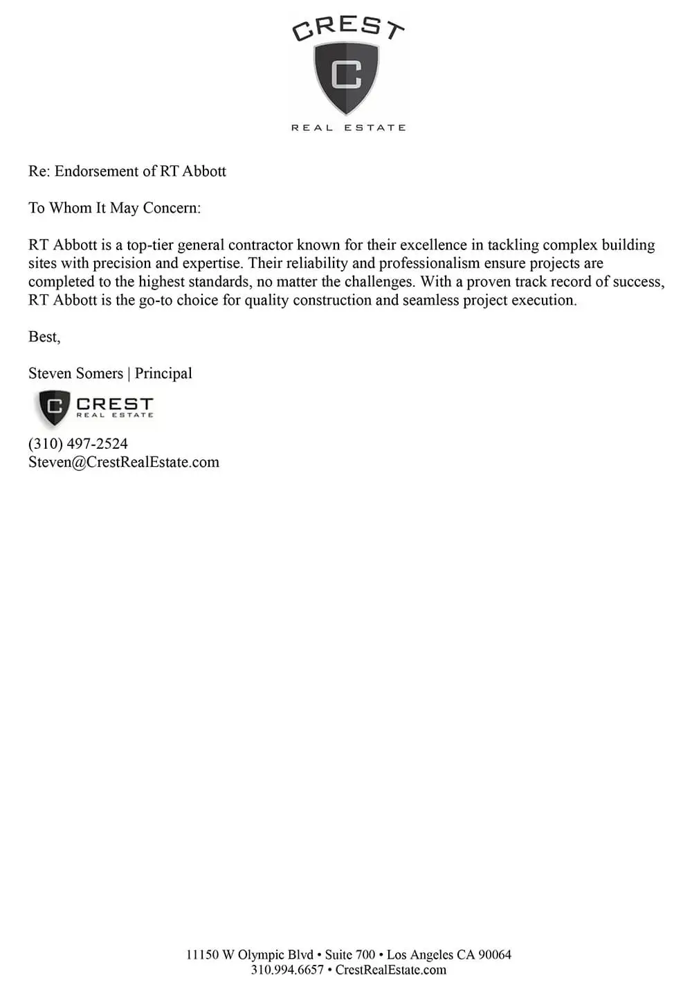 Crest Real Estate endorsement of RT Abbott Construction 